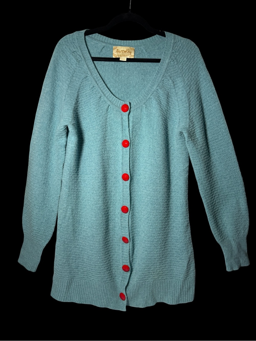 Light Teal Button-Front Cardigan with Red Buttons